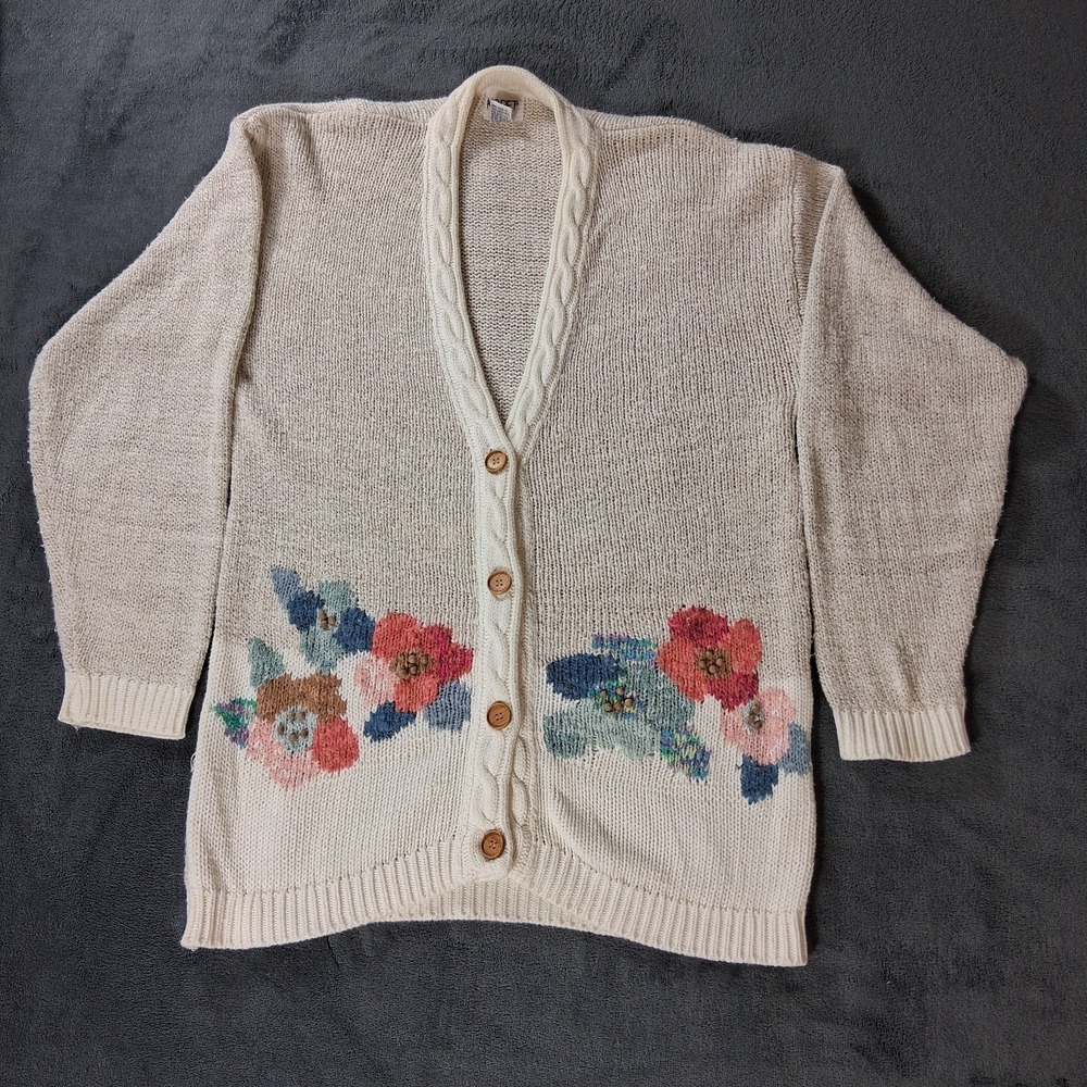 Koret Vintage Floral Intarsia Cardigan Sweater Women's XL Ivory Wood Buttons